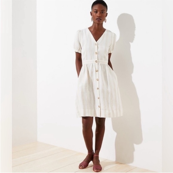 LOFT Beige White Stripe Linen Button-Front Short Puff Sleeve Dress - Picture 2 of 7
